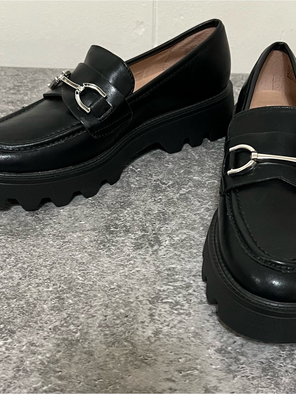 Chelsea & Violet Black Chunky Lug Loafers with Silver Hardware 7.5